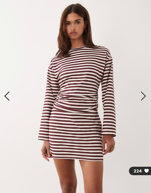 ASOS DESIGN long sleeve cinched waist mini dress in buttermilk and chocolate stripe