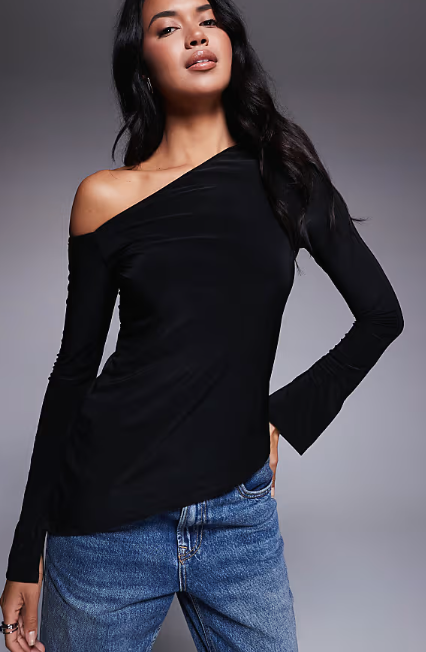 ASOS DESIGN off shoulder slinky asymmetric top in black