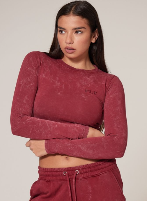 Dark Red Washed Longline Long Sleeve Cotton Fitted T-shirt
