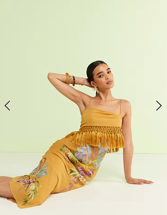 ASOS DESIGN fringe detail embroidered maxi dress in mustard