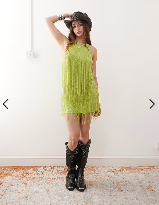 Miss Selfridge premium festival halter mini dress with embellished fringing in green