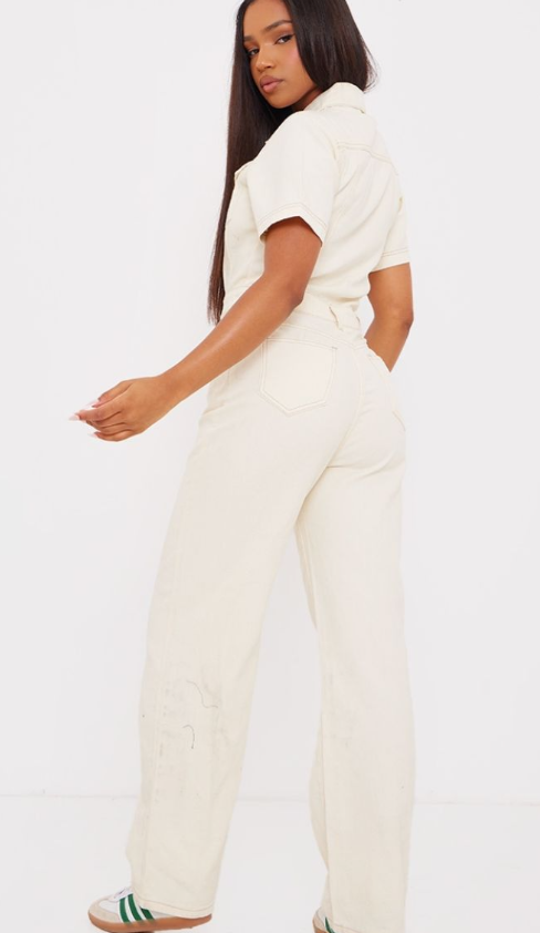 Ecru Button Up Short Sleeve Denim Jumpsuit