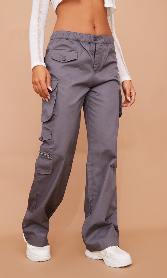 Grey Elasticated Waist Low Rise Cargo'S