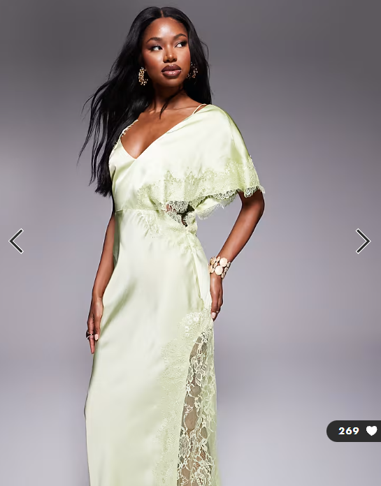 ASOS DESIGN satin one shoulder maxi dress with lace trim in sage green