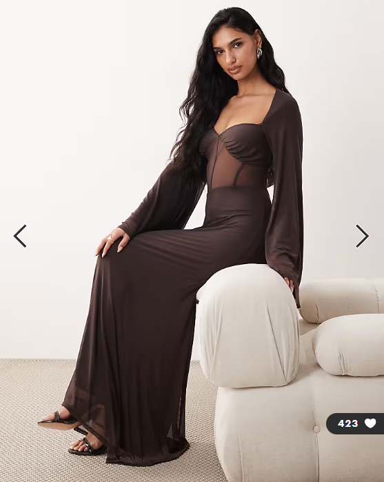 ASOS DESIGN mesh flute sleeve corset detail maxi dress in chocolate
