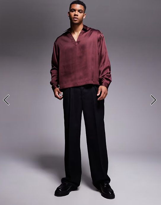 ASOS DESIGN boxy oversized overhead satin shirt in burgundy