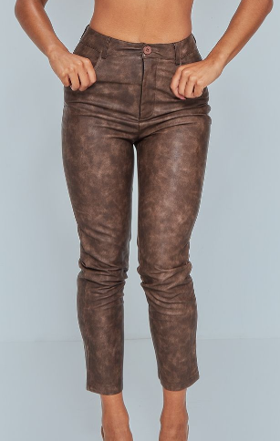 Brown Washed Faux Leather Cropped Trousers