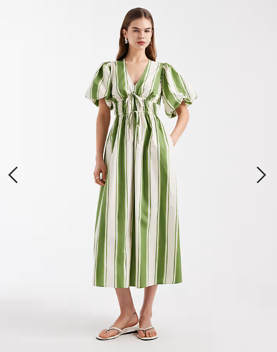 New Look stripe puff sleeve v neck midi dress in cream