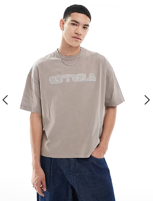 ASOS DESIGN heavyweight boxy oversized T-shirt in washed stone with rubber text graphic