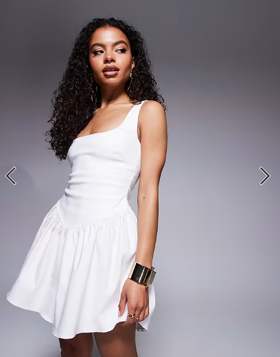 Vesper Petite - Vestito corto stile skater in bengalina bianca con vita scesa e scollo quadrato