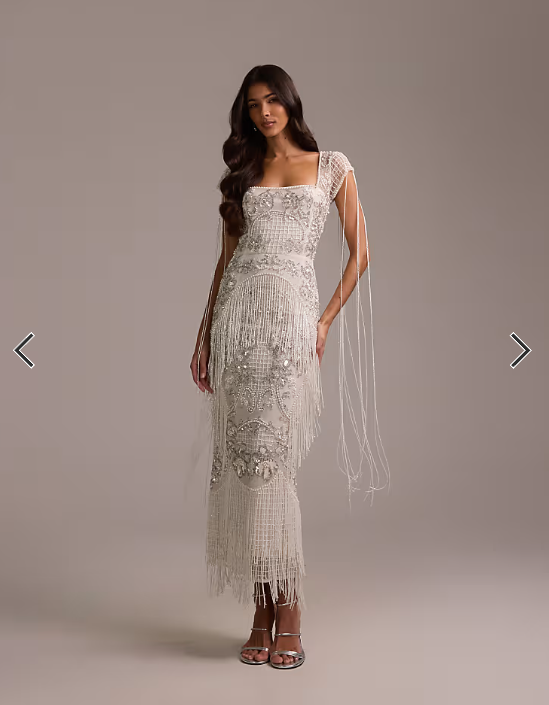 ASOS DESIGN fringe embellished square neck maxi wedding dress in ivory