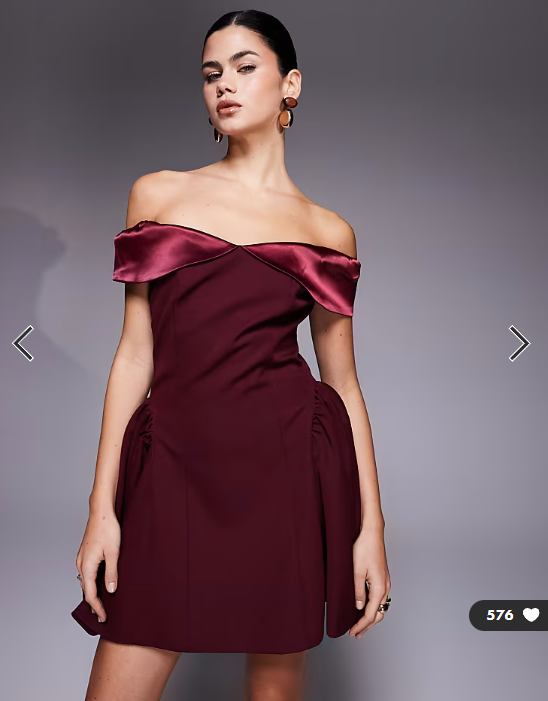 Wanderdoll Daphne structured bardot satin sleeve hip pleat mini dress in burgundy