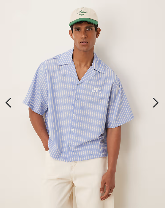 ASOS DESIGN boxy oversized revere shirt with embroidery in blue and white stripe