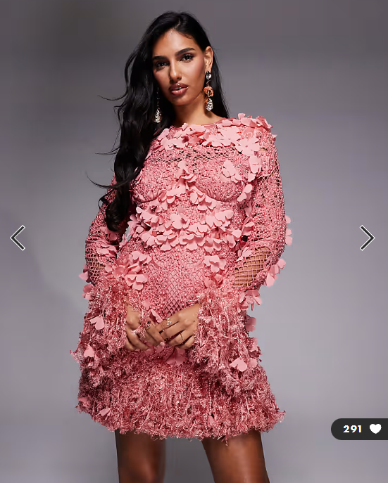 ASOS LUXE 3D floral embellished broderie mini dress with faux feather trim in pink