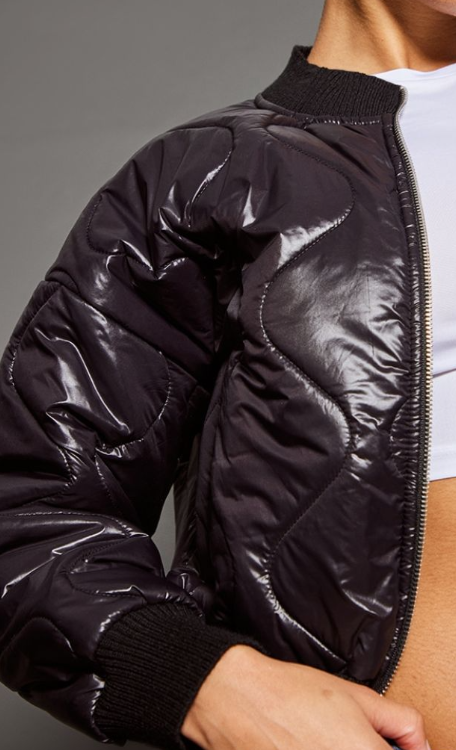 Plt Black Wave Quilted Cropped Bomber Jacket