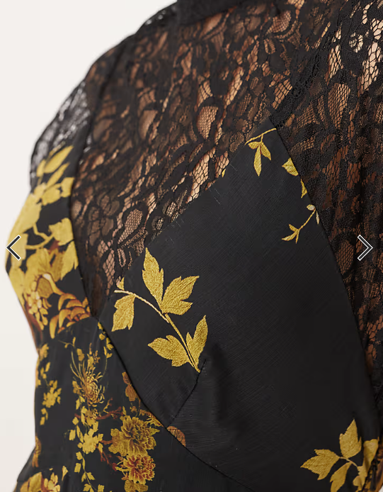 ASOS DESIGN seamed high neck lace detail midi dress in dark yellow floral print