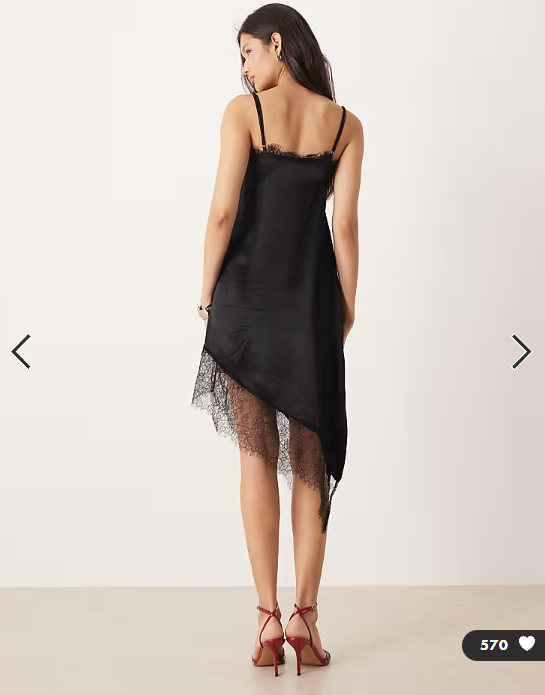 ASOS DESIGN satin lace trim asym hem maxi dress in black