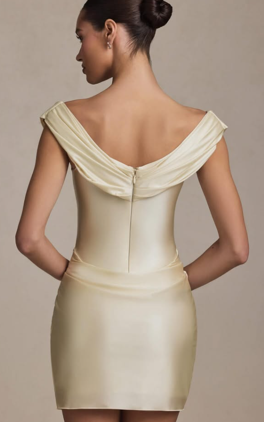 OhPolly-Satin Off-Shoulder Draped Mini Dress in Ivory
