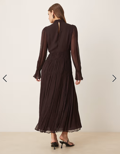 Mango high neck long sleeve chiffon tiered maxi dress in chocolate brown