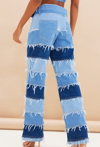 Blue Distressed Panel Belted Wide Leg Jeans