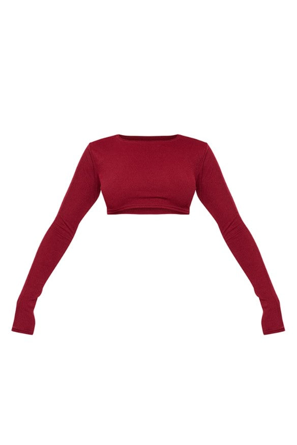 Cherry Red Stretch Rib Long Sleeve Open Back Crop Top