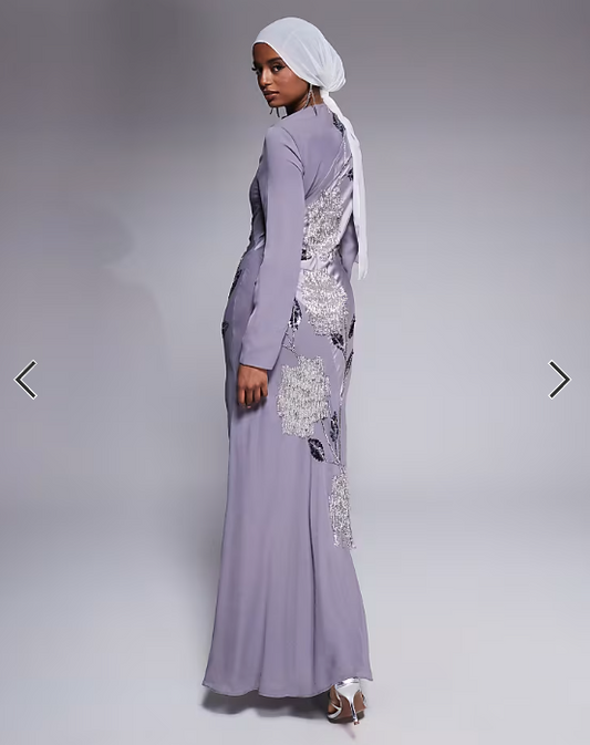 ASOS DESIGN satin chiffon mix embellished maxi dress with cowl neck in dusky purple