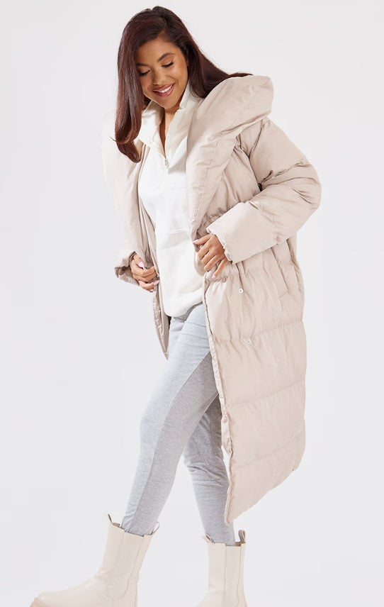 Taupe Chevron Quilted Maxi Puffer Coat