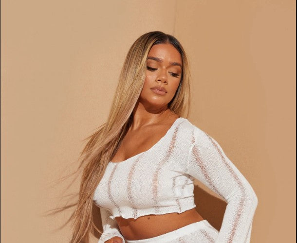 Shape Cream Ladder Detail Knit Flare Sleeve Crop Top