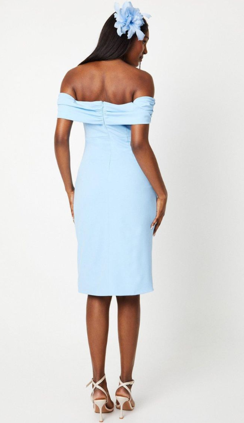 Crepe Off Shoulder Wrap Pencil Dress
