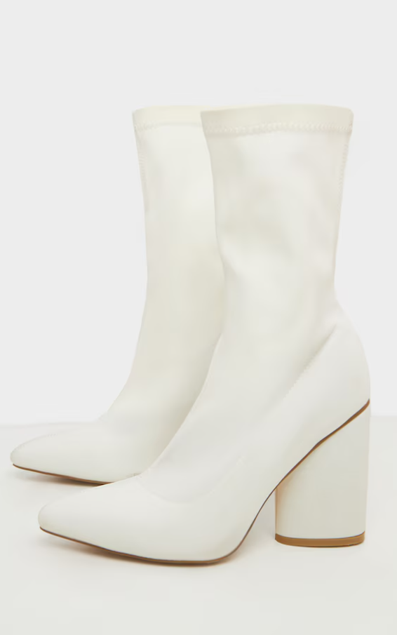 White Chunky Block Heel Sock Boot