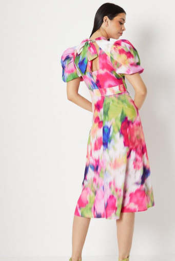Blurred Floral Puff Sleeve Midaxi Dress