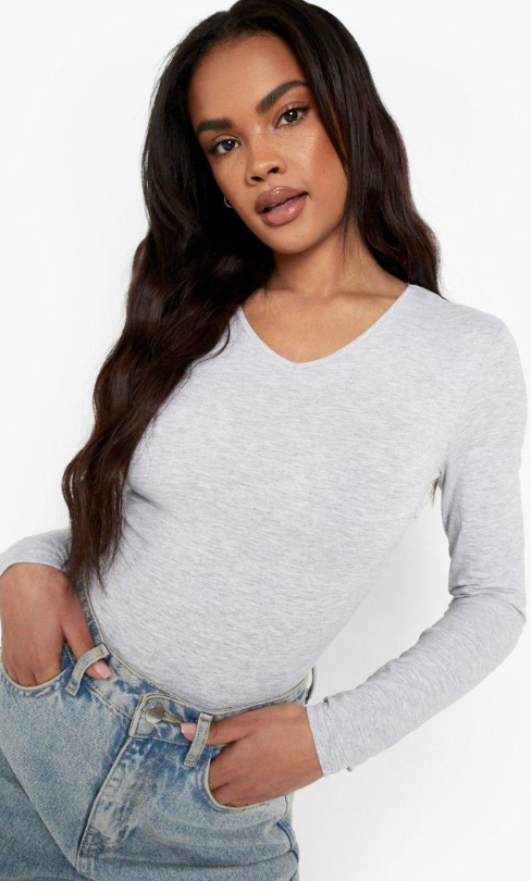 Boohoo - Basic Marl V Neck Long Sleeve Bodysuit