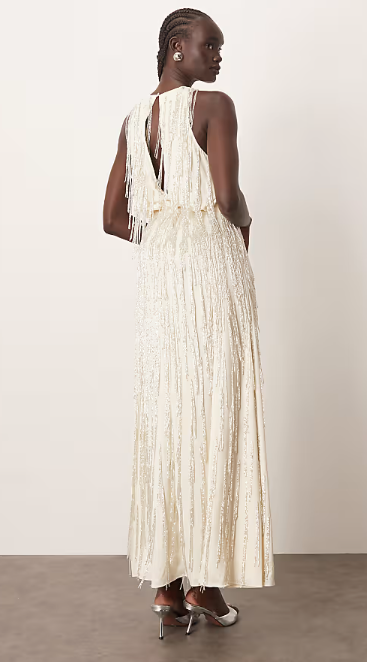 Asos - ARRANGE beaded fringe maxi dress with splits in winter white