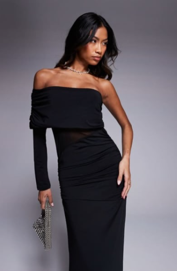 Asos Design. Asymmetric One Shoulder Maxi Dress With Mesh Cut Maxi Dress Black