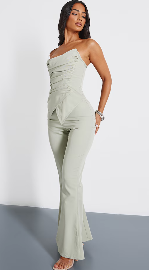 Petite Sage Green Ruched Pointed Corset Bandeau Jumpsuit