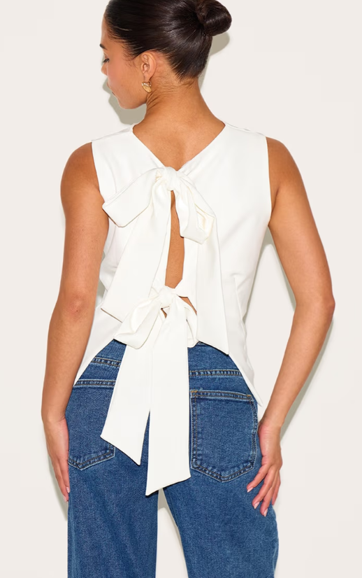 Plt - Petite White Sleeveless Bow Detail Top