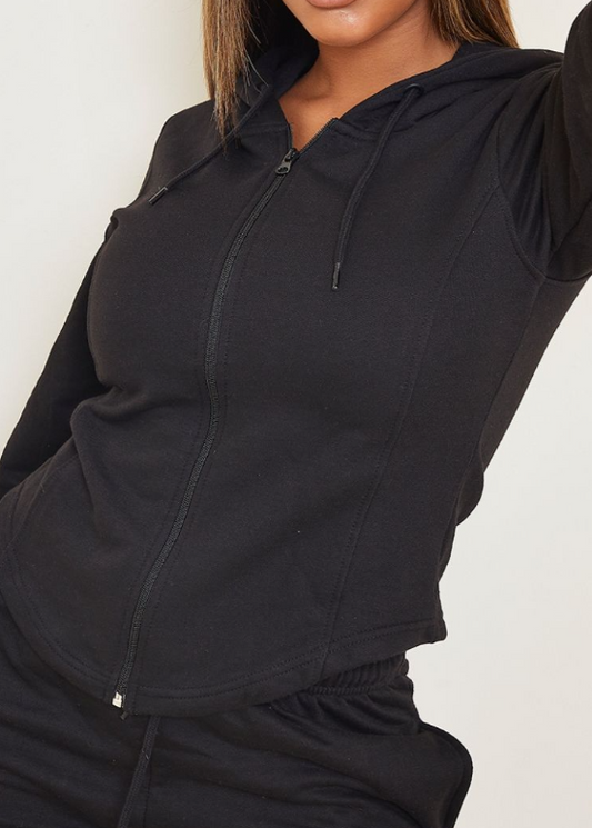 Shape Black Corset Detailed Zip Up Hoodie