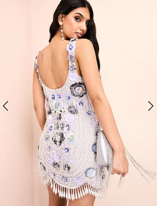 ASOS LUXE 3D floral embellished mini dress with scallop hem and drop pearl detail in blue
