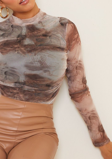 Shape Brown Smoke Print Mesh Ruched High Neck Bodysuit