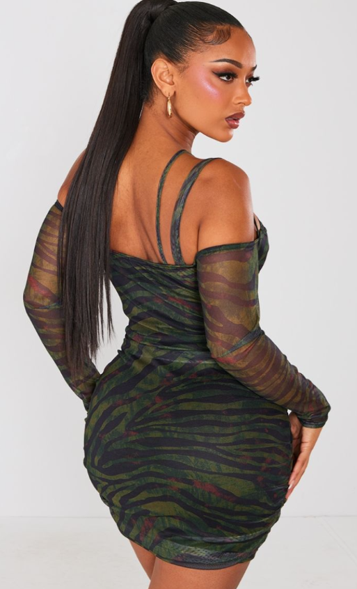 Shape Green Tiger Print Mesh Ring Halterneck Ruched Bodycon Dress