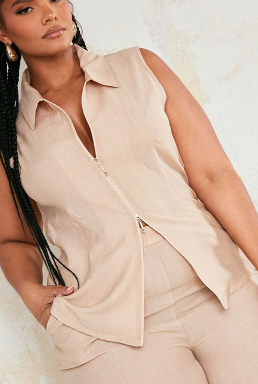 Prettylittlething Plus Stone Zip Up Lightweight Top
