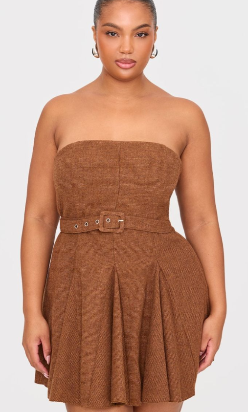 Plus Brown Pleated Bandeau Belted Mini Dress