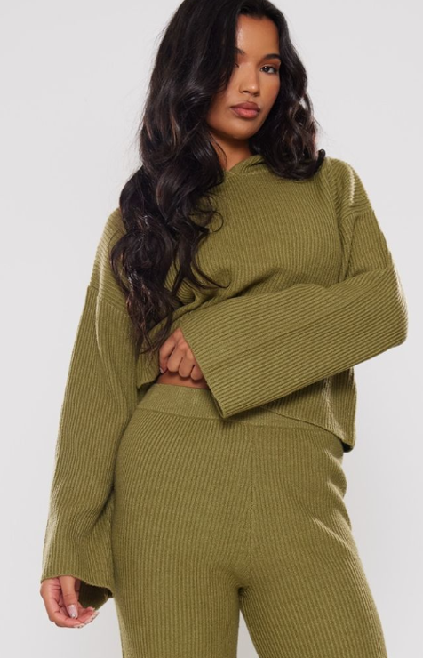 Plt - Khaki Soft Rib Knit Hooded Jumper