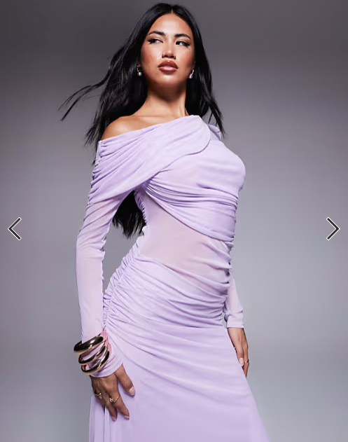 ASOS DESIGN long sleeve slouchy bardot mesh mix maxi dress in lilac