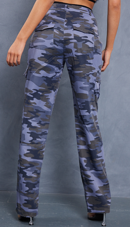 Tall Grey Asymmetric Waistband Camo Cargo Trousers