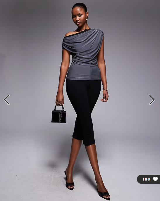 ASOS DESIGN slinky lace trim one shoulder top in charcoal