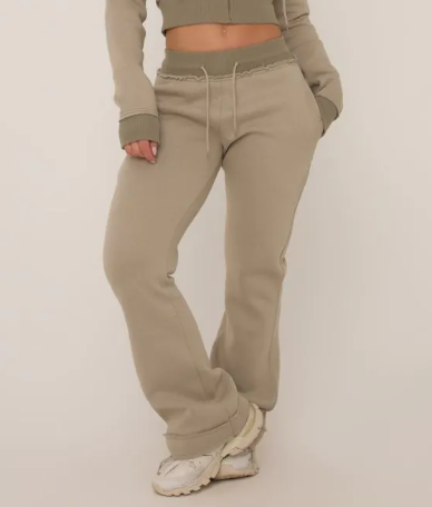 Contrast Distressed Detail Drawstring Flared Joggers In Green