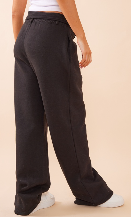 Black Rib Turnover Waistband Wide Leg Joggers