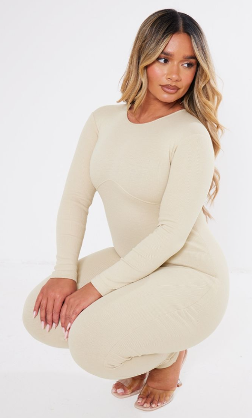 Plt - Shape Stone Ribbed Zip Front Long Sleeve Jumpsuit