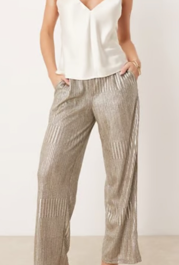 JDY Petite ribbed wide leg trousers in silver